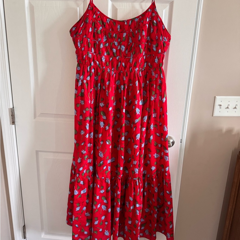 J. Crew Red Floral Spaghetti Strap Midi Dress